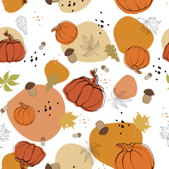 Pumpkin seamless background. Pumpkin background. Harvest Festival or Thanksgiving Day.
Halloween. Template for printing. Vector image of pumpkin, leaves, mushrooms and graphic elements.