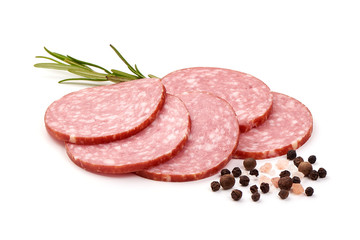 Salami smoked sausage slices, isolated on white background