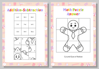 Addition, Subtraction Math Puzzle Worksheet. Educational Game. Mathematical Game. 