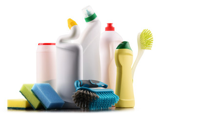 Chemical cleaning supplies isolated on white