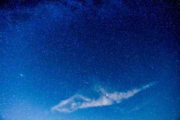 Galaktyka Andromedy i rój Perseidów. Coroczne meteoryty na półkuli północnej. Nocne niebo pełne gwiazd. Widoczne meteoryty wpadające w atmosferę ziemską