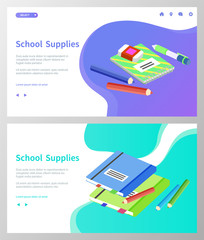 Supplies for lessons, vector illustration. Collection of school supplies or stationery. Isometric cartoon items for education of smart pupils and students. Knowledge and education. School accessories