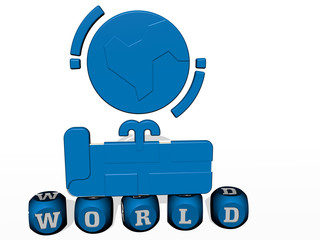 world cubic letters with 3D icon on the top, 3D illustration for background and map
