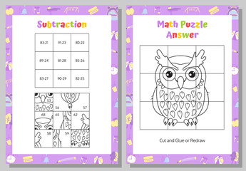 Subtraction Math Puzzle Worksheet. Educational Game. Mathematical Game. 