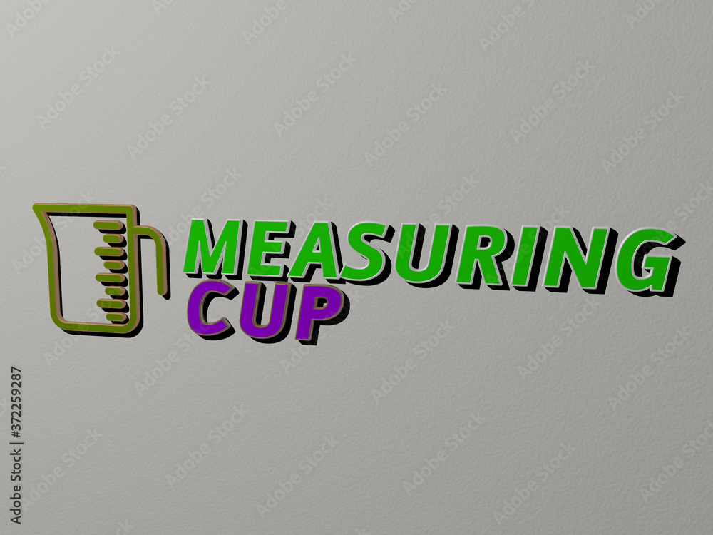 Aufkleber 3d representation of measuring cup with icon on the wall and text arranged by metallic cubic letters