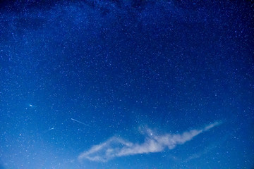 Galaktyka Andromedy i rój Perseidów. Coroczne meteoryty na półkuli północnej. Nocne niebo pełne gwiazd. - obrazy, fototapety, plakaty