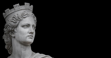 Ancient portrait statue of sensual royal Italian, Greek Renaissance Era woman isolated at black...