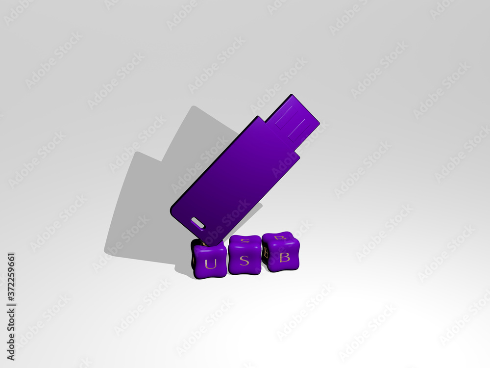 Poster usb 3d icon object on text of cubic letters, 3d illustration for background and computer