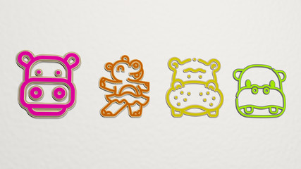 hippo 4 icons set, 3D illustration for animal and hippopotamus