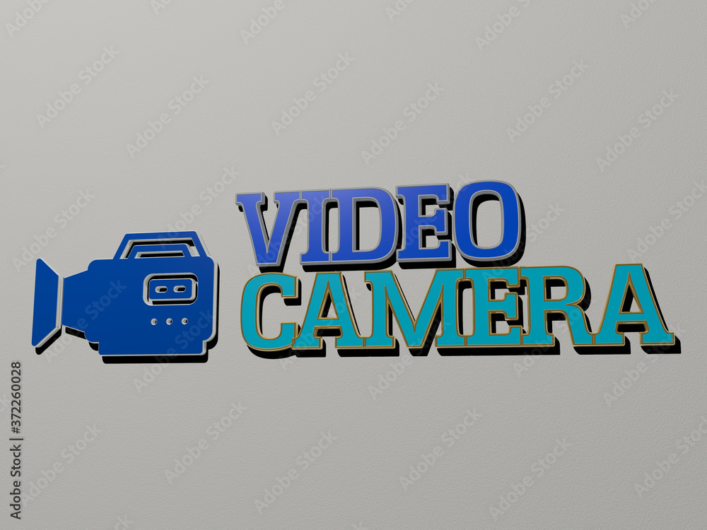 Poster 3d illustration of video camera graphics and text made by metallic dice letters for the related mean