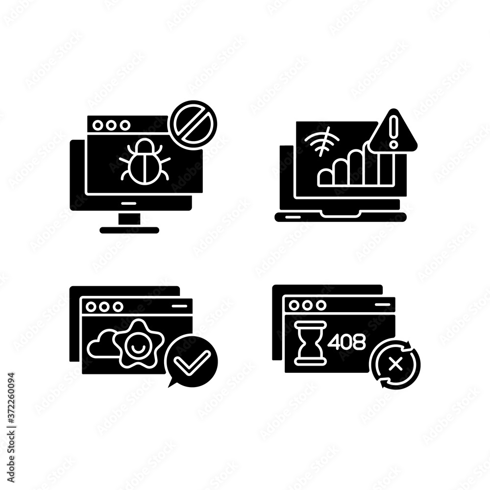 Poster Internet browsing notifications black glyph icons set on white space. Forbidden website, connection problems, request timeout and success messages silhouette symbols. Vector isolated illustrations
