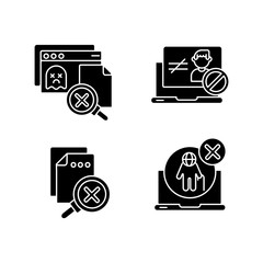 Website errors black glyph icons set on white space. Unauthorized access, version not supported, 404 page not found and no results notifications silhouette symbols. Vector isolated illustrations