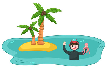 Scuba diver young man over water near the island with palm trees holding pink octopus waving hand flat vector. Aqualunger wearing protective suits and a diving mask smiling satisfied male with catch