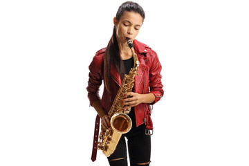 Portrait of a female saxophonist in a red leather jacket playing a sax
