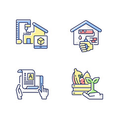 Manual work RGB color icons set. 3D model for project. Building house from prototype. Home renovation. Self publishing. Farmer market. Professional industry production. Isolated vector illustrations