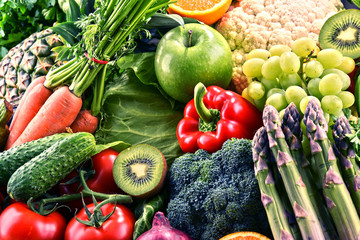 Assorted raw organic vegetables and fruits