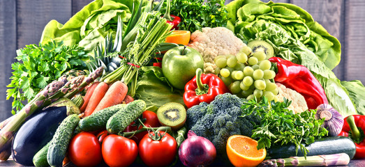 Assorted raw organic vegetables and fruits