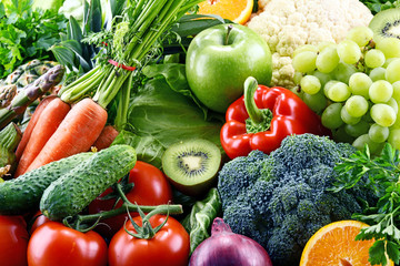 Assorted raw organic vegetables and fruits