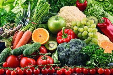 Assorted raw organic vegetables and fruits