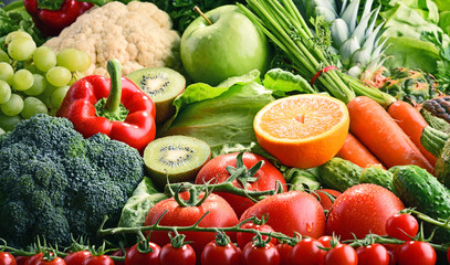 Assorted raw organic vegetables and fruits