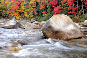 Autumn in the White Mountains. Scenic view of large boulders, rapids, and colorful fall foliage along Swift River in the White Mountain National Forest of New Hampshire.
