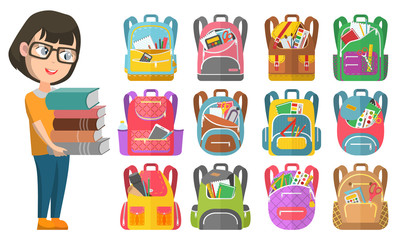 Schoolgirl in glasses stand and hold books. Schoolbags inside with stationery like notebooks and rulers, scissors and pencils vector illustration