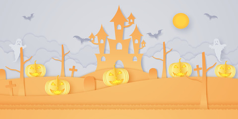 Halloween pumpkin head on hill with castle, graveyard, bat, ghost and bright moon, paper art style