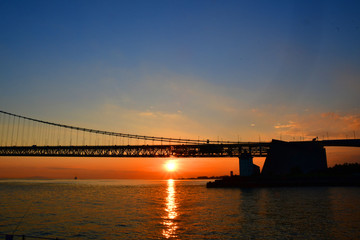 橋, 夕焼け, 水, 海, 太陽, 明石海峡大橋