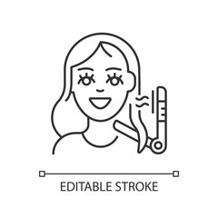 Hair styling linear icon. Hairstyling shop. Hairdressing. Hairdo salon. Professional hair stylist. Thin line customizable illustration. Contour symbol. Vector isolated outline drawing. Editable stroke