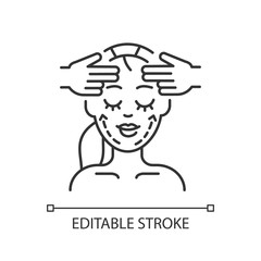 Face fitness linear icon. Facial and chin exercises. Face yoga. Professional skin care. Thin line customizable illustration. Contour symbol. Vector isolated outline drawing. Editable stroke