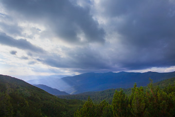 View of Carpathian mountains in stormy weather, Ukraine