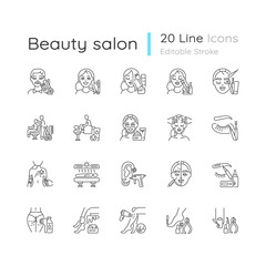 Beauty salon linear icons set. Anti cellulite program. Lash making. Face fitness. Hair styling. Customizable thin line contour symbols. Isolated vector outline illustrations. Editable stroke