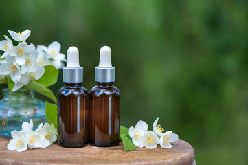 Essential Jasmine oil. Bioproduct, organic cosmetics. Perfumery, cosmetology, aromatherapy