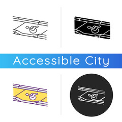 Dropped kerb icon. Curb cut. Access between street and sidewalk. Wheelchair users. Driveway. Modern city infrastructure. Linear black and RGB color styles. Isolated vector illustrations