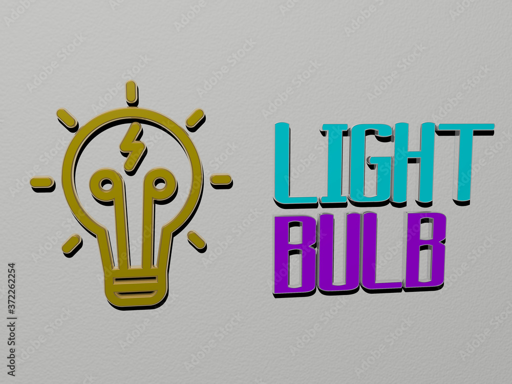 Poster 3d representation of light bulb with icon on the wall and text arranged by metallic cubic letters on