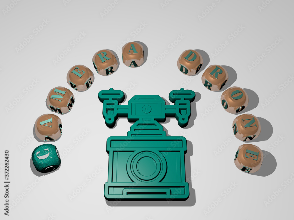Poster camera drone 3d icon surrounded by the text of cubic letters, 3d illustration for background and bea