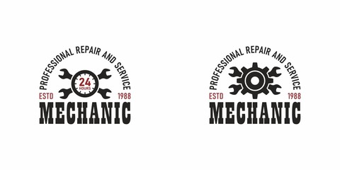 Set of color illustrations of gear, clock, crossed wrenches and text on a white background. Vector illustration advertises repair services 24 hours. Workshop logo. Mechanic services.