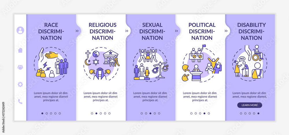 Poster discrimination types onboarding vector template. racial and religious prejudice. civil rights. respo