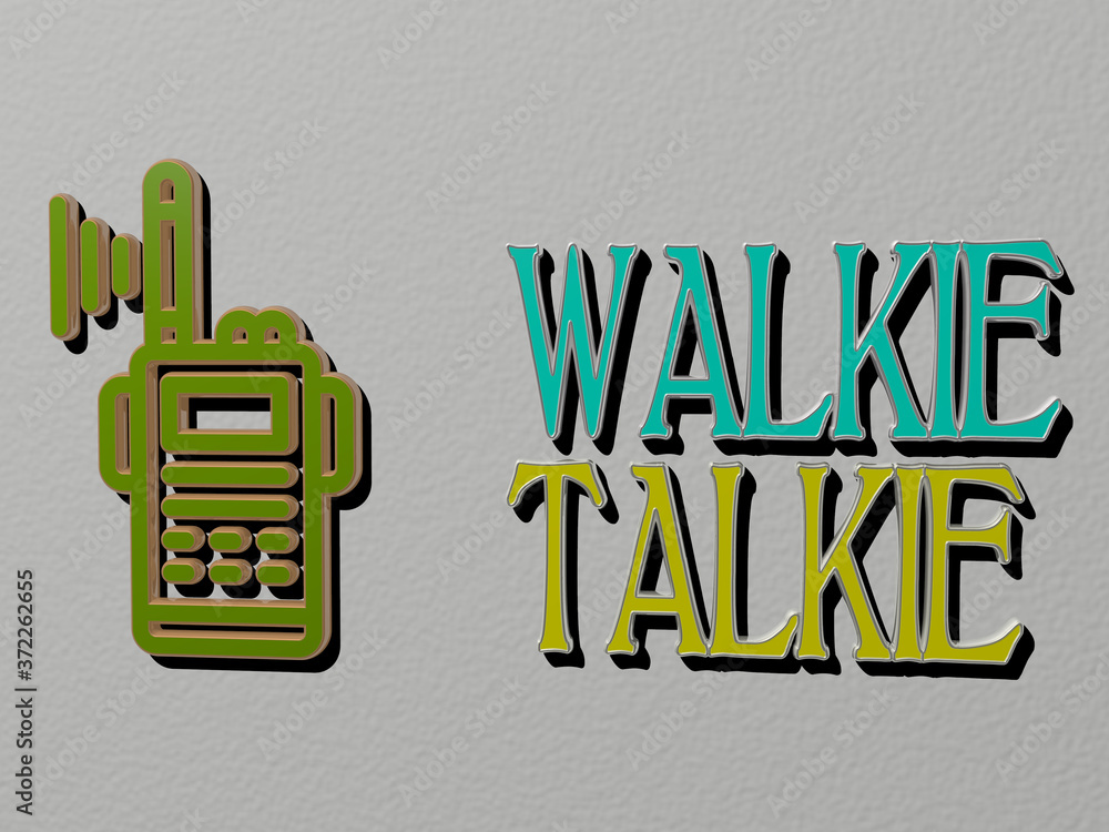 Poster 3d graphical image of walkie talkie vertically along with text built by metallic cubic letters from 