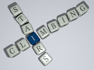 climbing stairs crossword by cubic dice letters, 3D illustration for mountain and adventure