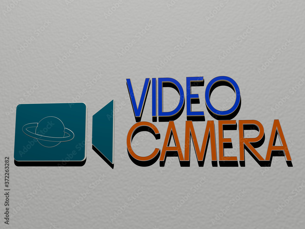 Poster 3d representation of video camera with icon on the wall and text arranged by metallic cubic letters 