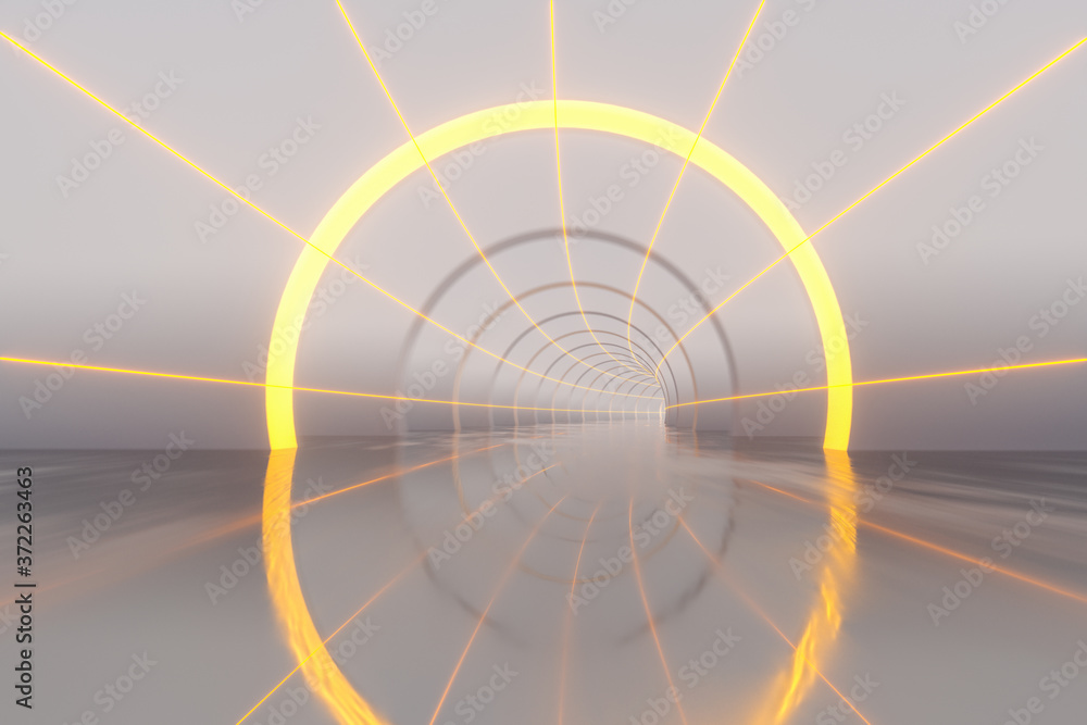 Poster white tunnel with glowing lines background, 3d rendering.