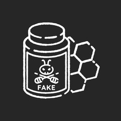 Fake honey chalk white icon on black background. Artificial food, synthetic bee product. Sweet dessert, delicious dainty. Jar with man made syrup, DIY honey isolated vector chalkboard illustration