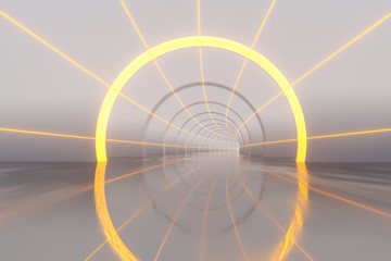 White tunnel with glowing lines background, 3d rendering.