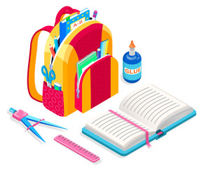 Satchel loaded with supplies for lessons vector, back to school concept. Textbook and glue bottle, scissors in bag and book with bookmark, ruler isometric cartoon. Schoolbag for kids to study