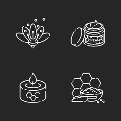 Homemade bee products chalk white icons set on black background. Flower pollen, natural cosmetics, beeswax candle and propolis. Professional apiculture. Isolated vector chalkboard illustrations
