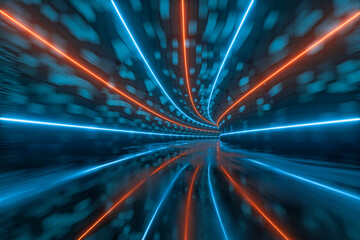 Blue dark tunnel with glow laser, 3d rendering.