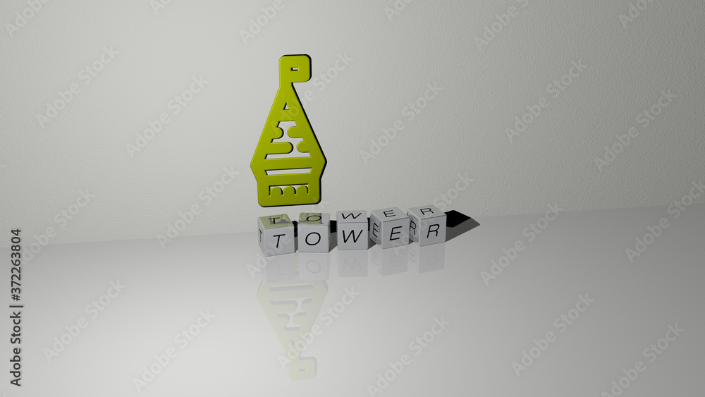 Poster tower text of cubic dice letters on the floor and 3d icon on the wall, 3d illustration for architect