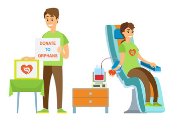 Woman transfusing blood, man volunteer donating to orphans, portrait view of people caring, healthcare and life-saving, supporter character vector