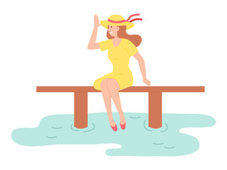 Illustration of a cartoon girl sitting on a bench outdoor after rain near big puddle summer time. Young woman in yellow hat and light dress on a wooden bench in city park isolated on white background